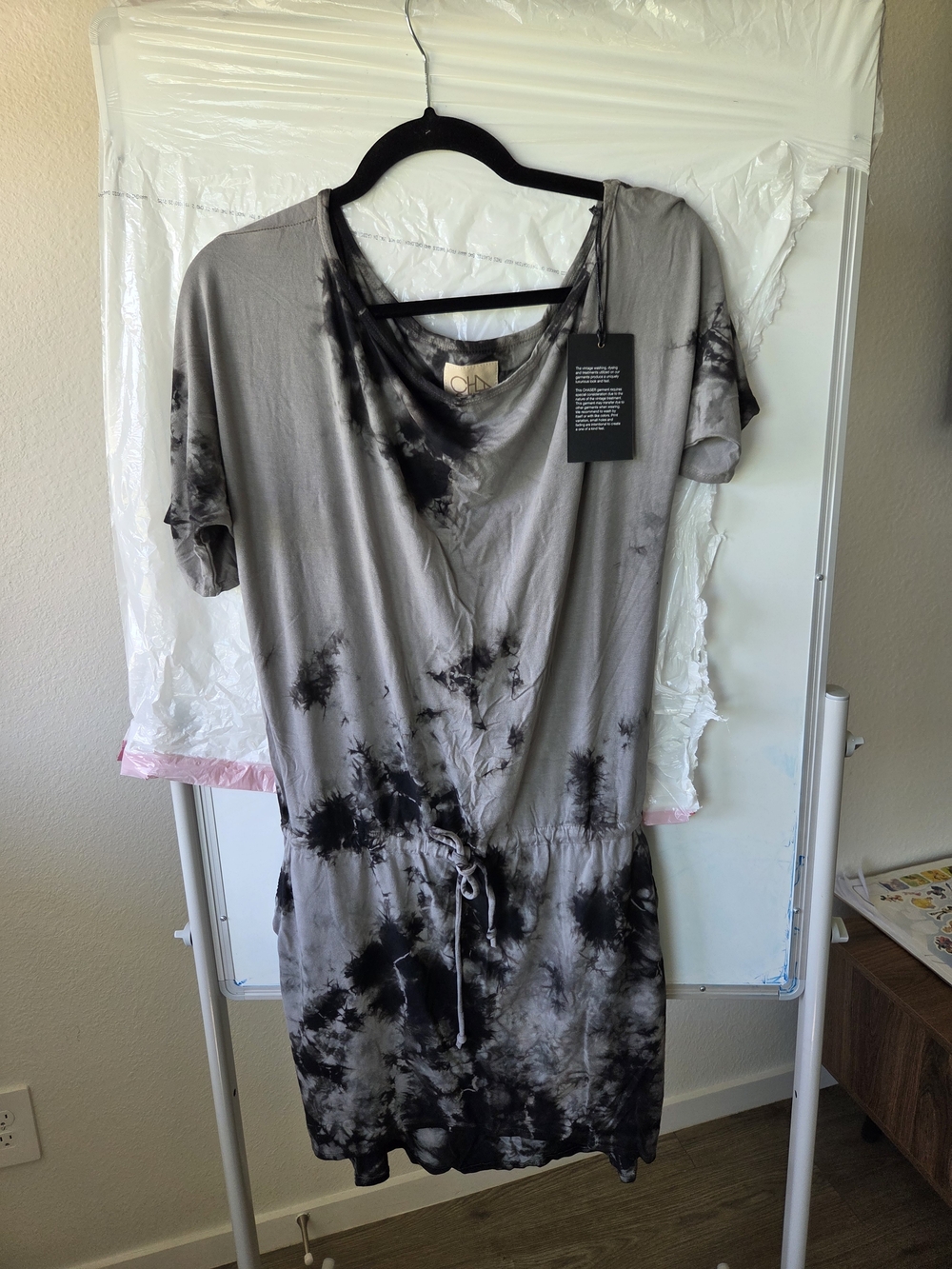 Tie-Dye Gray & Black Drawstring T-Shirt Mini Dress